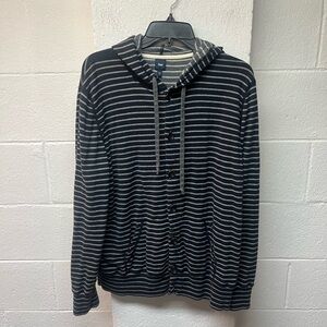 Striped Navy and Gray Button Up Hoodie. Size Large
